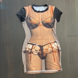 Fitted Extra Stretchy Women's Black and Tan Lingerie Print Dress Size Medium.